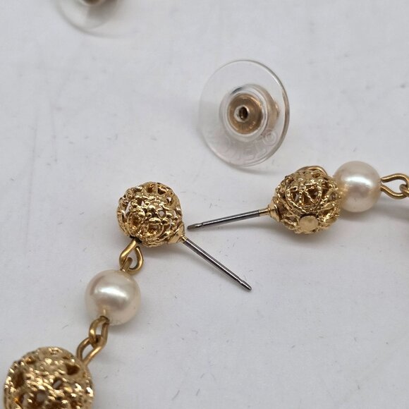 Vintage 1980s Gold & Faux Pearl Dangle Earrings With Filigree Textured Beads - Picture 6 of 6